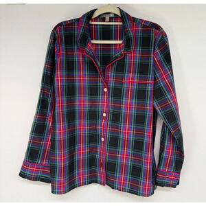 J.Crew Flannel Pajama Top Women M Black Red Plaid Button Up Sleepshirt PJ #BU662